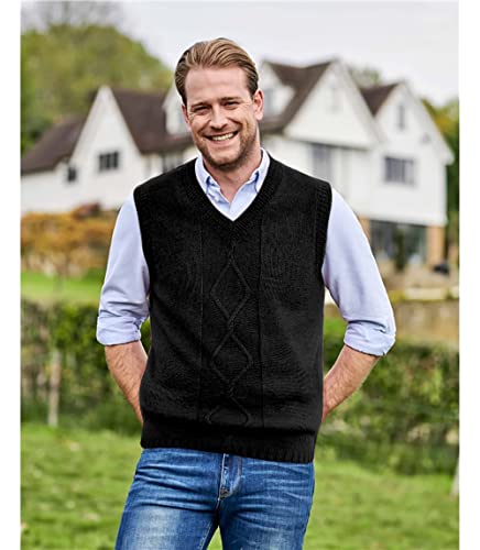 Aoysky Sweater Vest For Men V Neck Sleeveless Chunky Cable Knit Sweaters Pullover Casual Relaxed Fit Solid Plain Vest Black #TOP3