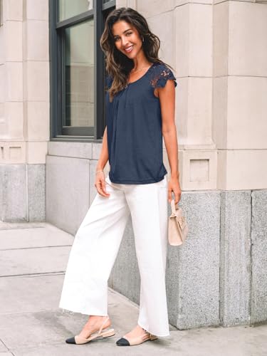 AUTOMET Womens Lace Tops Pleated Short Sleeve Shirts Summer Business Casual Dressy Blouses3