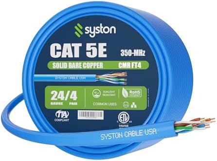Syston Cable Technology Cat 5e Ethernet Network Cable - 100 FT,350MHz 24AWG Solid Bare Copper Wire Outdoor/Indoor, Bulk No Ends 10 Ft to 1000 Ft Available, Heat Resistant Riser Rated - CMR