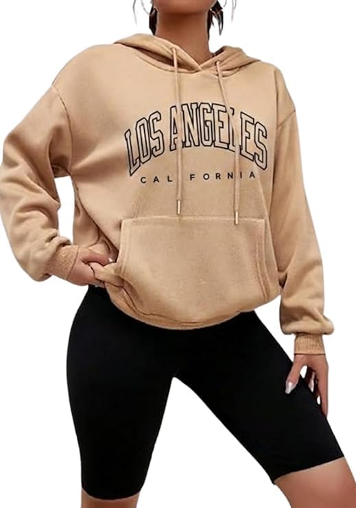 Women's Loose Fit Fleece Hoodie, Los Angeles California Print, Soft Pullover Sweatshirt, Sky Blue and Beige, for Winter-image-0