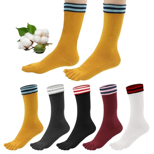 Soleeya 5 Pares Calcetines Dedos Mujer Algodón de Deporte EU 35-40 Suave y Transpirable Rayas Calcetines Algodon con Dedos Separados Mujer Deportivos Correr Ciclismo (A)