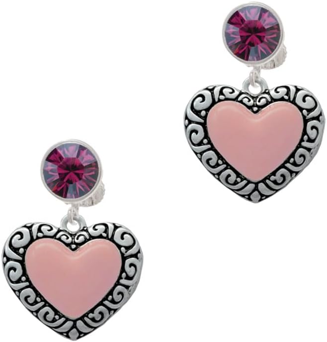 Delight Jewelry Silvertone Large Pink Enamel Heart with Swirl Border - Large Crystal Clip on Earrings
