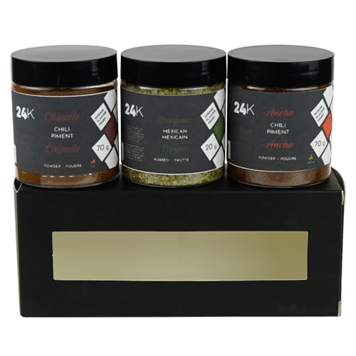 24K “Latin Spices” Bundle of Ancho Chili Powder 70g, Chipotle Powder 70g, & Mexican Oregano 20g | 100% Pure Premium Spices for Authentic Mexican Cuisine