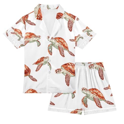 senya Red Cute Turtle White Satin Summer Pajama Sets Silk Short Sleeve Button Down Sleepwear