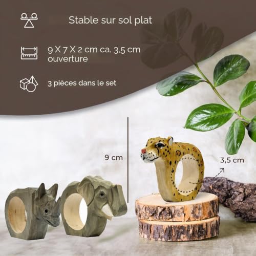 your castle Lot de 3 Ronds de Serviette La Faune Africaine : Lion, zèbre, Girafe en Bois sculptés et Peints à la Main, env. 9 x 7 x 2 cm – vue 3
