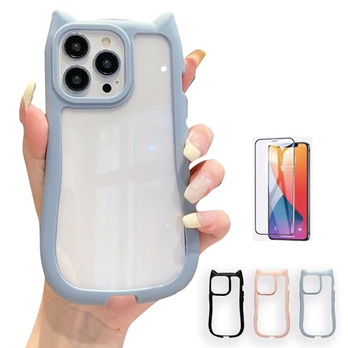 CAVAJP 電話ケース + スクリーンガラスフィルムiPhone 17AIr/16Promax/15Pro/14/13/12/11/X/8/7Plusシリーズに適合3色かわいい猫耳シンプルな漫画韓国の3D動物柄シリコン衝撃吸収落下耐性のスマート薄型黄ばみ