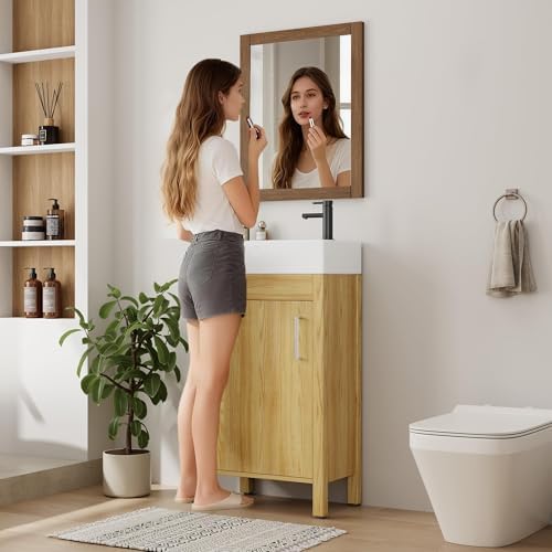 16" Bathroom Vanity with Sink, Freestanding Wooden Single Sink Cabinet, with Soft-Closing Doors & Metal Handle, Modern Vanity Standing Storage for Small Spaces, Natural Wood — view 6