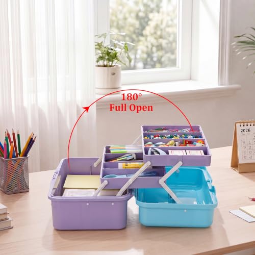 Image of BTSKY 3-Layer Plastic Dividing Storage Box Craft Organizer and Storage | Portable Handled Art Supply Organizer with Adjustable Spacers Multipurpose Home Utility Box for Medicine Sewing(Blue+Purple)