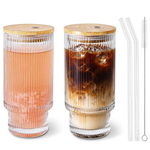 Icesip Ribbed Glass Cups with Lids and Straws 16oz Glass Tumbler with Straw