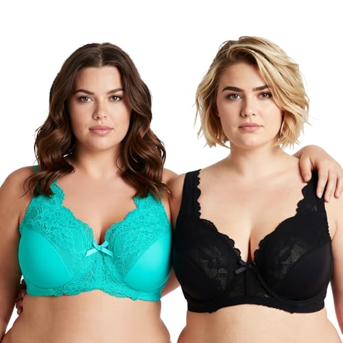 Curve Muse Women's Minimizer Unlined Underwire Bra with Lace Embroidery-2 Pack-Teal,Black-36DDD