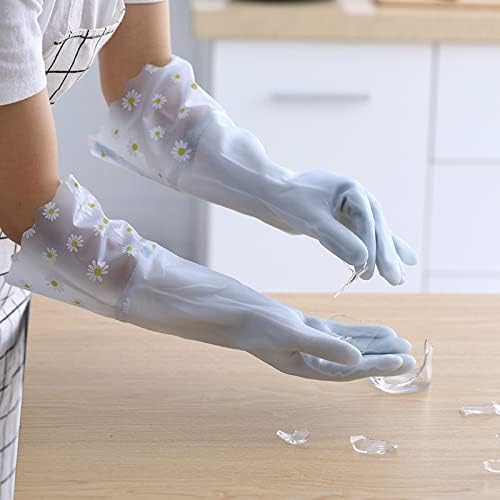 LanShan Household Gloves Reusable Cleaning Gloves, Washing Up Gloves with Long Cuff Dishwashing Gloves with Cotton Lining Cleaning Gloves for Kitchen, Bathroom- Binding||Blue