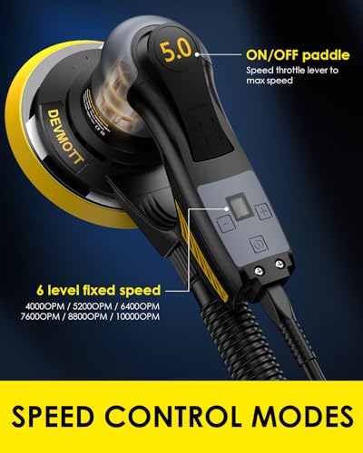 DEVMOTT Random Orbital Sanders 5.0mm, 360W Brushless Electric Orbital Sander with 150mm/6IN Backing Plate, 6 Variable Speed to 10000RPM, Hand Sander for Wood Sanding 6 DEVMOTT Random Orbital Sanders 5.0mm, 360W Brushless Electric Orbital Sander with 150mm/6IN Backing Plate, 6 Variable Speed to 10000RPM, Hand Sander for Wood Sanding - Image 6