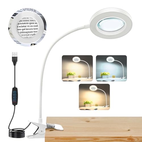 JUOIFIP 10X Magnifying Glass with Light and Stand, Magnifying Lamp Magnifiers with Clamp 3 Modes USB Light, Magnif.ying Glasses for Hobbies,Reading, Crafting,Sewing,Seniors,Craft Work, White