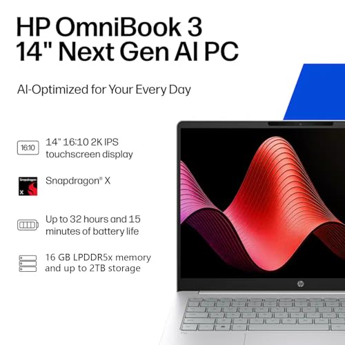 Image of HP OmniBook 3 14 inch Next Gen AI PC, 2K IPS Touchscreen Laptops Computer, Snapdragon X X1-26-100, Qualcomm Adreno GPU, 16GB LPDDR5x 512GB SSD, Office Lifetime License, Copilot+ PC - Windows 11 Pro