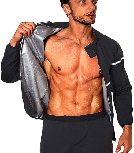 Sauna Suit for Men Sweat - Long Sleeve Shirt Jacket Workout Body Shaper Zipper Top Slimming Fitness Trainer Gym(L)