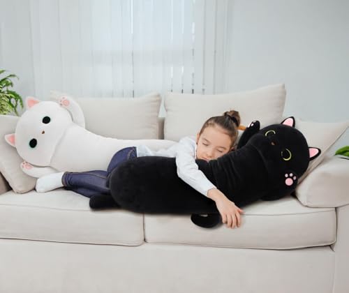 Image of MaoGoLan 44'' Cat Plush Body Pillow, Giant Glow in The Dark Cat Stuffed Animal Pillow for Girl Boy Kid, Long Cute Kitty Plush Pillow for Birthday Gift, Baby Shower Party Decor, White