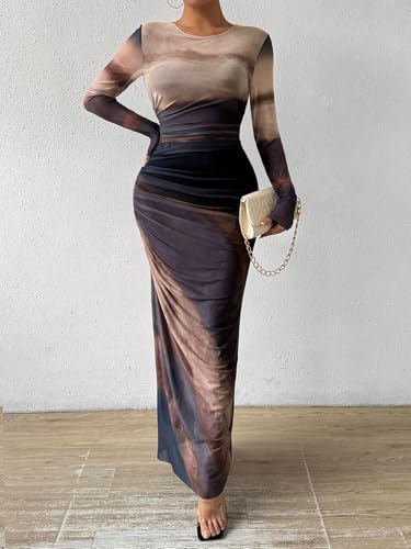 Image of Womens Long Sleeve Maxi Dress Mesh Bodycon Spring Fall Formal Wedding Guest | Tie Dye Ruched Night Out Cocktail Party Long Dresses