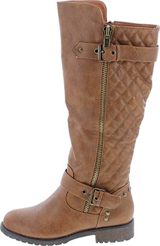 Nature Breeze - Ladies Vivienne-01 Studded Quilted Leatherette Buckle Round Toe Motorcycle Boot, Tan 38848-6B(M) US