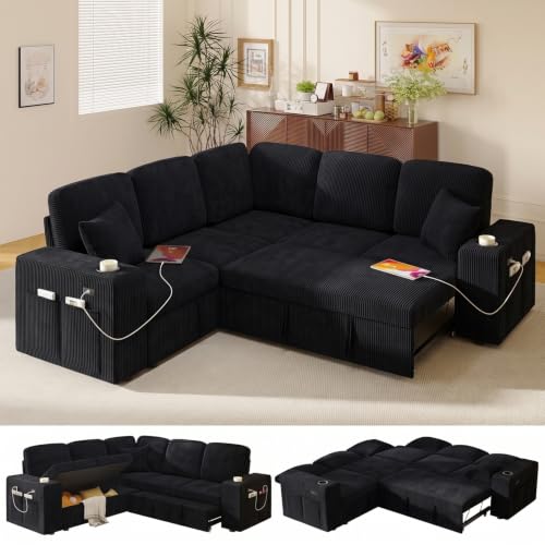 Image of Modular Sectional Sleeper Sofa with Pull Out Bed, 84 Inch L Shaped 5 Seat Couches for Living Room, Chenille Fabric Cloud Couch Bed with Storage, Reclining Backrest, USB Charging, Corduroy