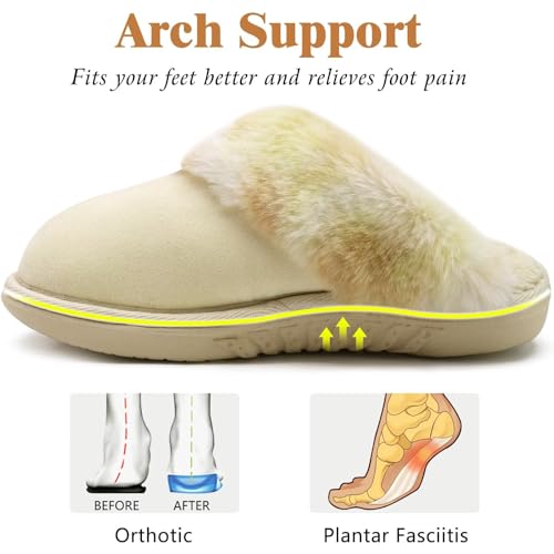 Image of jiajiale Women's Arch Support Memory Foam Slippers Orthotic Plantar Fasciitis Slip On Suede Ladies Scuff Slipper Cozy Fuzzy Shearling Winter House Shoes Indoor Outdoor Beige Size 9