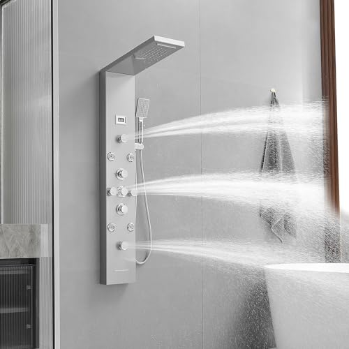 BWE Shower Panel Tower System with Rainfall Waterfall Head and Adjustable Massage Body Jets, Temperature Display Wall Mount Shower Column, Stainless Steel Brushed Nickel and Chrome - Thumbnail 7