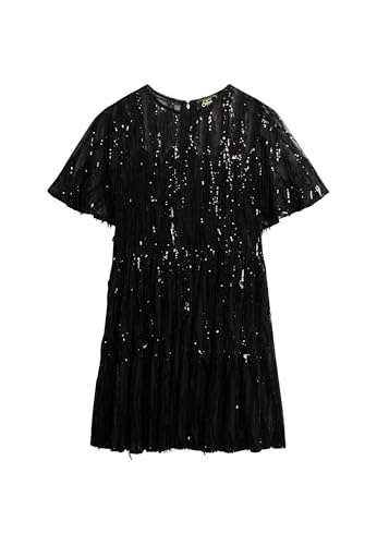 Superdry Damen Minikleid aus Netzstoff mit gestuftem Volumen Quaste Schwarz Pailletten 38