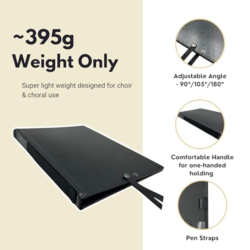 Lookery Choir Folder – Lightweight Black Choral Music Sheet Folder | 6 Elastic Stays, Hand Strap & Three-Angle Opening for Piano, Choir and Stage Performance (Size: 12.6 x 9.84 Inch Weight: ~395g)