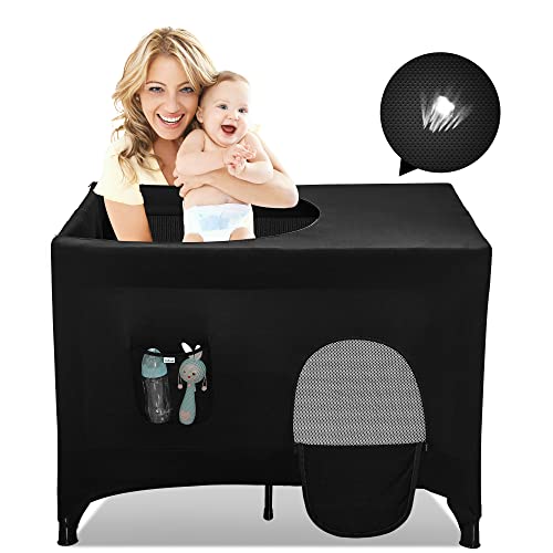 Ajulkrio Pack N Play Blackout Cover Crib Canopy Cover with Portable Zipper Stretchy Breathable Netting Cover Blackout Tent for Pack and Play Travel Cribs for Indoor or Outdoor
