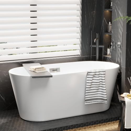 Image of 59 InchFreestanding Bathtub Acrylic Soaking Tub with Integrated Overflow, Modern Freestanding Tub /Free Standing Tub for Small Bathroom Remodel, Deep Soaking Comfort, Stand Alone Tub Spa Feel