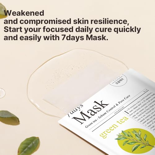 Image of Ariul 7days Mask Green Tea S (1 Sheet, 23ml) Daily Purifying Sebum Control Korean Sheet Mask with Green Tea, Reduces Acne, Pore Refining, Hydrating Soothing Facial Mask for Oily Acne Prone Skin