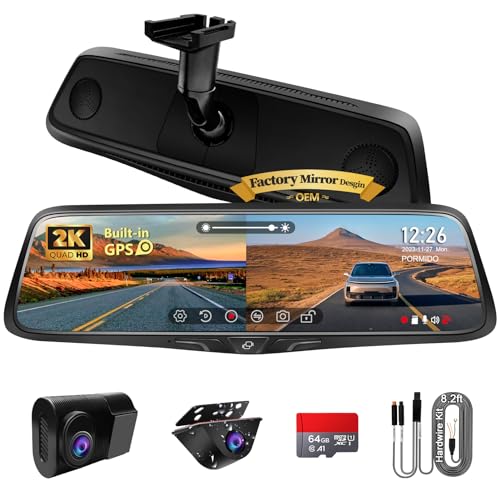 PORMIDO OEM 2K Rear View Mirror Camera,10″ Mirror Dash Cam with Detached Front Backup Camera, Smart Full Touchscreen Rearview WDR Dashcam with Built-in GPS,64GB Card,Parking Monitor,Night Vision