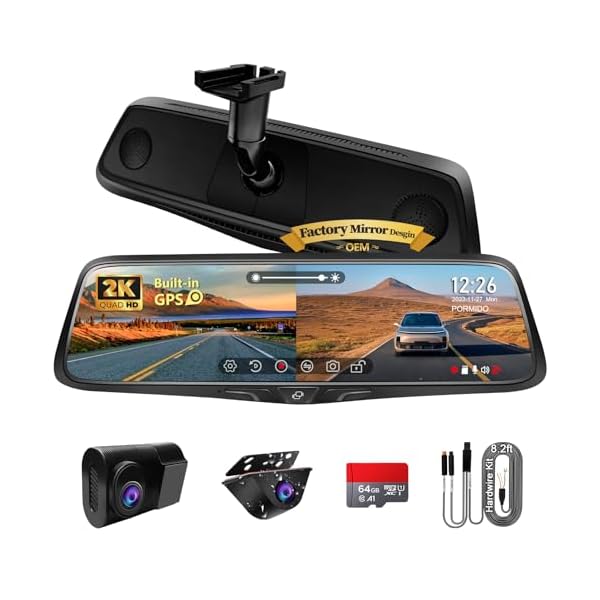 PORMIDO OEM 2K Rear View Mirror Camera,10″ Mirror Dash Cam with Detached Front Backup Camera, Smart Full Touchscreen Rearview WDR Dashcam with Built-in GPS,64GB Card,Parking Monitor,Night Vision