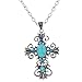 Yazilind Vintage Silver Plated Cross Carve Blue Crystal Oval Turquoise Pendant Necklace for Women Gift