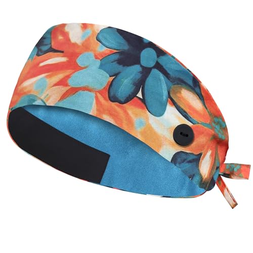 Image of Adjustable Scrub Cap with Button, Satin-Lined Cotton Scrub Hat Sweatband, Elastic Working Hat Unisex, One Size