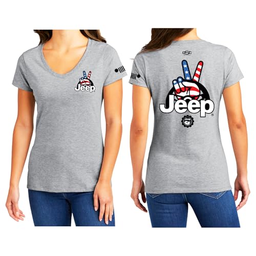 Jeep Ladies Wave USA Logo V-Neck T-Shirt – Light Grey, Soft Cotton Blend, Patriotic Wave Design, Iconic Grille Sleeve Logo