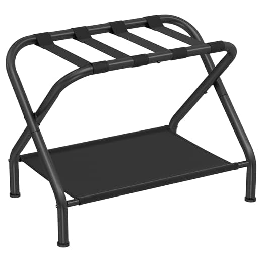 SONGMICS Luggage Rack, Suitcase Stand with Fabric Storage Shelf, for Guest Room, Bedroom, Hotel, Foldable Steel Frame, Holds up to 110 lb, 27.2 x 15 x 20.5 Inches, Black URLR002B01V1