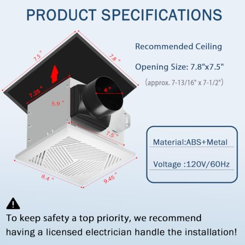 NOVELUX Bathroom Exhaust Fan: 88 CFM Quiet 1.2 Sones Ceiling Mount Bathroom Vent Fan 7.8"x7.5" High Airflow Household Ventilation Fan for Bedroom Laundry Retrofit No Attic Access - UL & HVI Certified by NOVELUX - Used condition - Image 3
