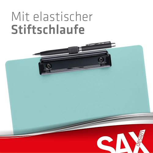 SAX Faltbares Klemmbrett, Aqua, Clipboard, A4 auf A5, hoch- und Querformat, ideal für Reisen und Business, für 30 Blatt, inkl. elastischem Verschlussband und Stiftschlaufe, langlebig & stoßfest