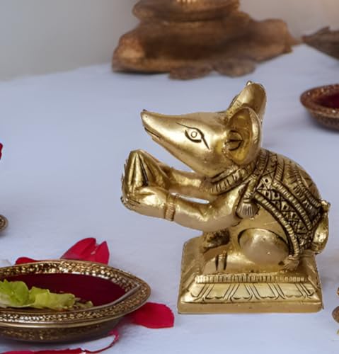 Purpledip Brass Statue Ganesha Vahana Mooshak: Collectible Idol Mouse with Modak (12262)