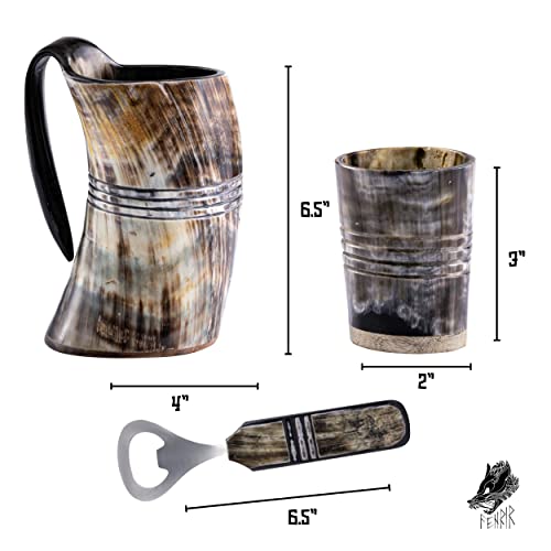 FENRIR Premium Viking Ox Horn Mug for Ale, Mead, and Beer & Cold Drink Ring Natural Finish Mug With Short Glass and Bottle Opener with Handle (16-oz) -3 Pieces Set