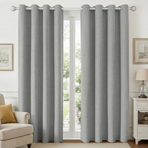Joydeco Light Grey Curtains for Bedroom 2 Panels Set, Faux Linen Textured 100% Blackout Curtains 2 Panels Set Thermal Insulation Drapes, Grommet Room Darkening Drapes for Living Room