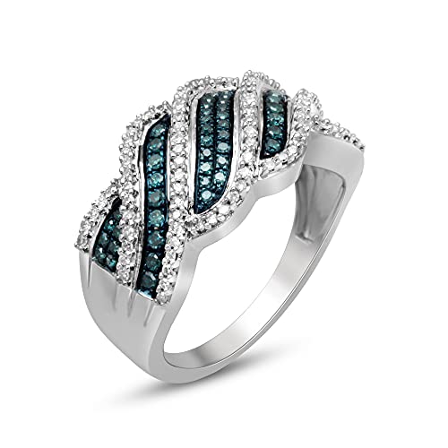 Jewelili Sterling Silver 1/2 Cttw Treated Blue And Natural White Round Diamonds Ring, Size 7 #TOP2