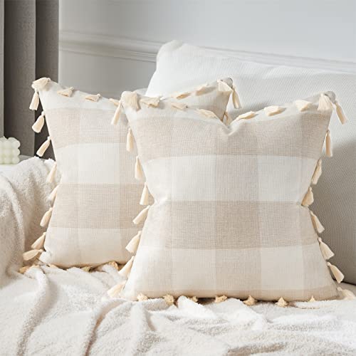 Topfinel Cream White Buffalo Check Decorative Throw Pillow Covers 18 X 18 Inch Cotton Linen Classic Plaid Cushion Cover With Boho Tassels Farmhouse Design For Couch Car Decor 45 X 45 Cm, Pack Of 2 #TOP1