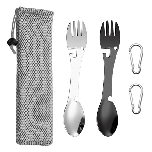 Lot de 2 fourchettes et cuillères multifonctions en acier inoxydable avec 2 mousquetons, 1 sac de rangement, couverts intégrés, convient pour l'extérieur, la randonnée (argent, noir)