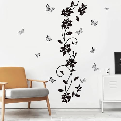 2 Pezzi Adesivi Murali Fiore Vite Nera Sticker Decorativo Muro Adesivo in PVC Autoadesivo per Decorazione Specchio Vetro Finestra Porta Soggiorno Camera da Letto Cucina 30x90cm