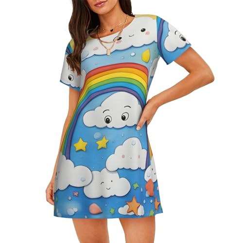 Chemise de nuit légère femme en coton imprimé nuages arc-en-ciel pour l'été