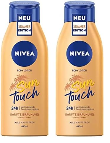 NIVEA Sun Touch Body Lotion (400 ml), Pflegelotion mit sanftem Bräunungseffekt ohne Streifen, feuchtigkeitsspendende Körpercreme mit Ginkgo-Extrakt und Traubenkernöl (Packung mit 2) NIVEA Sun Touch Body Lotion (400 ml), Pflegelotion mit sanftem Bräunungseffekt ohne Streifen, feuchtigkeitsspendende Körpercreme mit Ginkgo-Extrakt und Traubenkernöl (Packung mit 2)