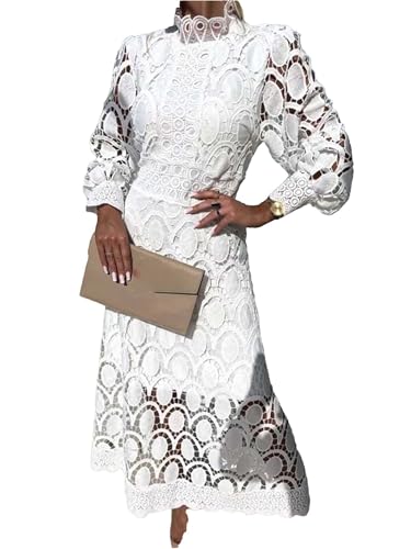 Sommerkleid Damen Lang Elegant Spitze – Aushöhlte Maxikleid mit Puffärmeln und Stehkragen – Ideal für Hochzeit, Urlaub, Gartenparty White M