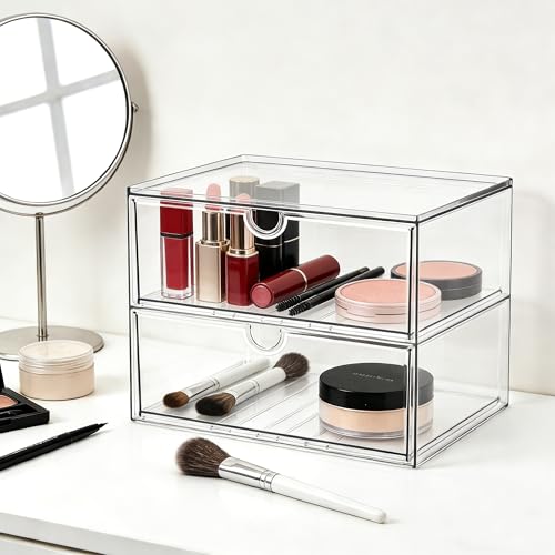 Image of Prsildan Acrylic Makeup Organizer, 2 Pack Stackable Clear Storage Drawers for Baby Bottles Desk Organizers with 2 Drawers for Countertop Vanity Nursery Modular System for Cosmetics Jewelry