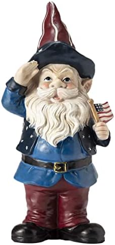 Alpine Corporation 12" Tall Outdoor Patriotic Garden Gnome Saluting Yard Statue Decoration